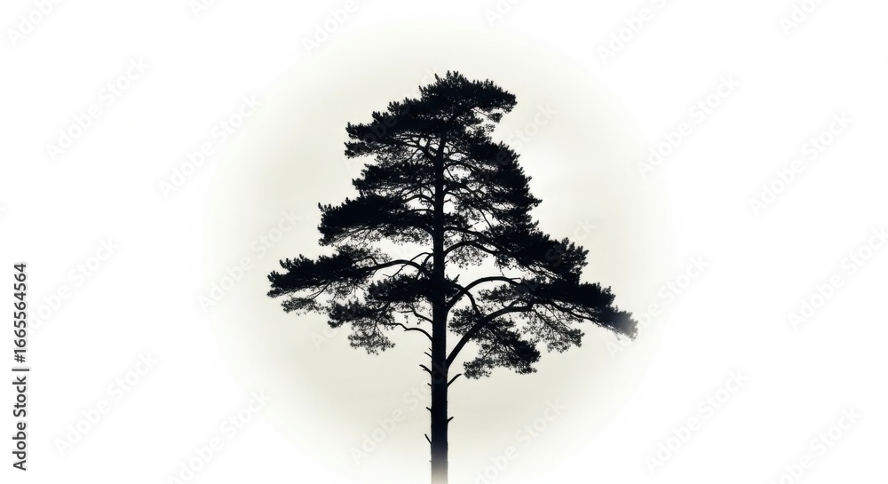 Fototapeta premium Silhouette of a Tall Pine Tree on Bright White Background