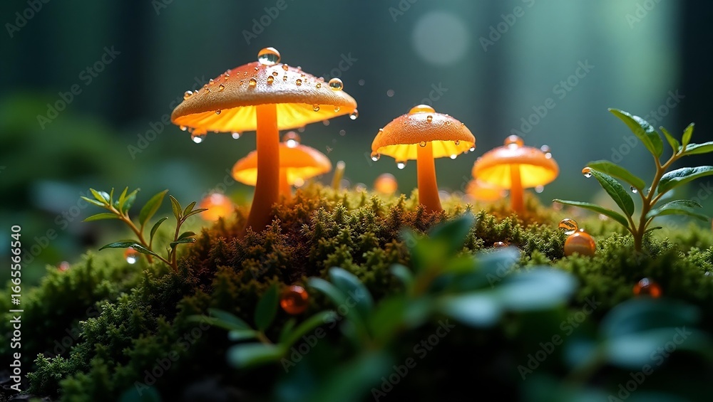 Fototapeta premium Cluster of Orange Mushrooms on Moss in Woods