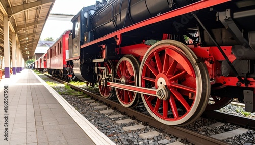 Red wheels of a vintage steam locomotive at a train station platform