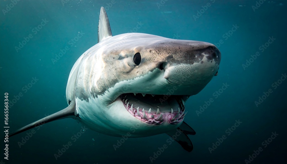 Naklejka premium A close-up view of a great white shark's formidable head and teeth, showcasing its powerful jaws underwater.