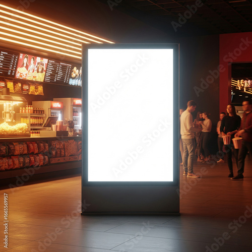 Bright, blank billboard stands in a bustling movie theater lobby, showcasing advertising space near concession stand.