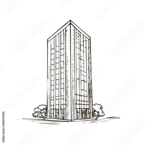 Vector ink hatching drawing of tall office building with grid-like windows