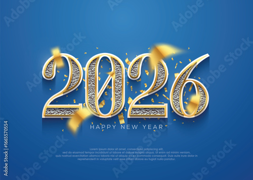 New year. Happy New Year 2026 with a luxurious design and a sprinkling of shiny and blurry ornaments. Vector premium design for New year 2026 celebration.