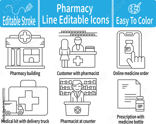 Pharmacy line editable icons set featuring a pharmacy building, pharmacist with customer, online medicine order, medical kit delivery, prescription, and medicine bottle