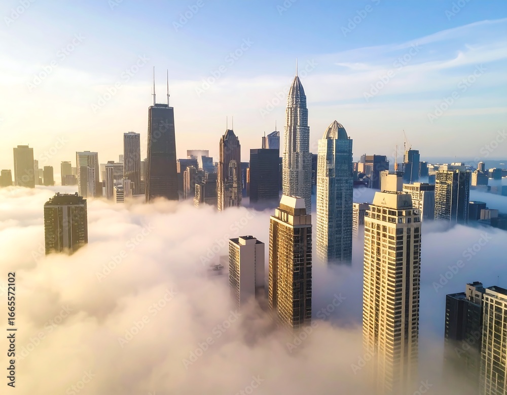 Fototapeta premium Cityscape sunrise with fog, and skyscrapers.