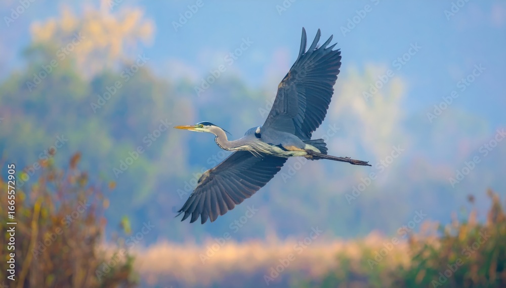 Fototapeta premium A large grey bird with broad wings soars gracefully against a soft, blurred backdrop of hazy autumn foliage