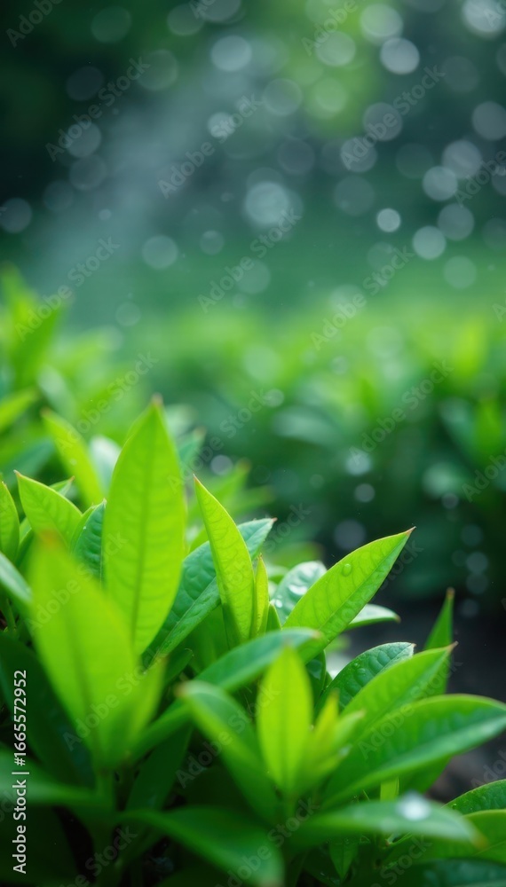 Obraz premium Close-up of water droplets on lush foliage from drip irrigation system, technology, sustainable