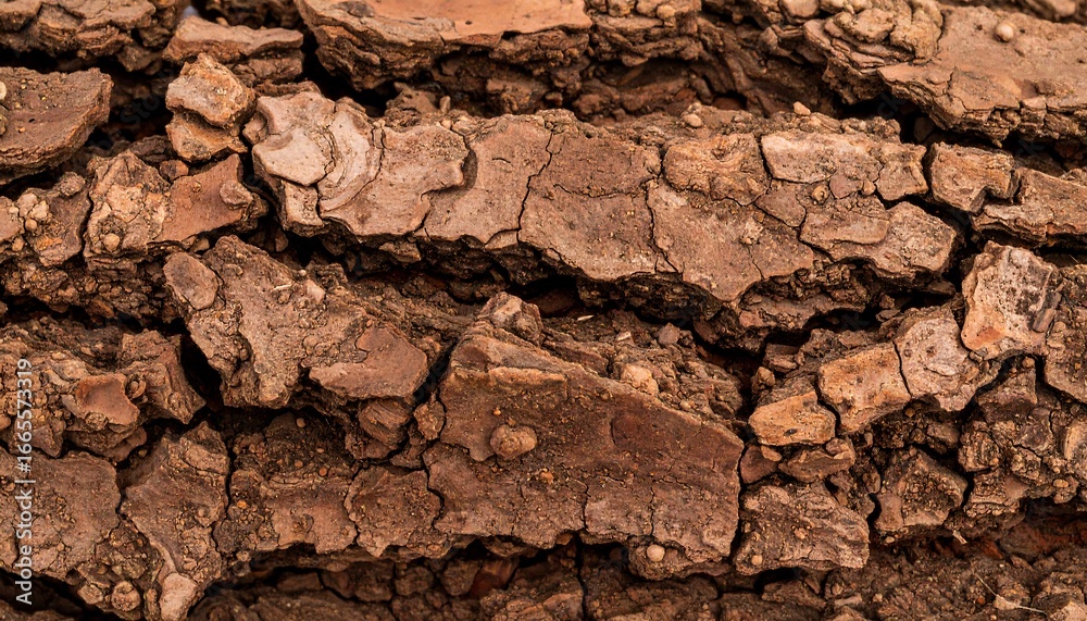 Fototapeta premium A close-up view of deeply cracked, textured bark, showcasing rich brown tones and intricate patterns.