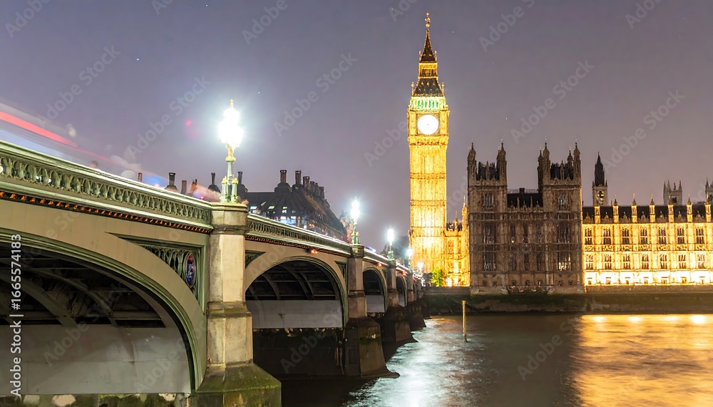 Naklejka premium A nighttime view of the Houses of Parliament and Big Ben, illuminated by the glow of city lights, reflected in the calm waters of the Thames River, with an old-fashioned bridge in the foreground.