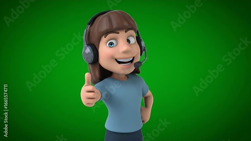 Animated woman wearing a headset, giving a thumbs-up gesture, smiling, against green.
