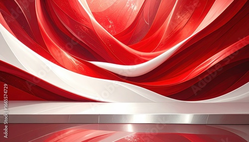 Abstract red and white swirling shapes above a reflective white platform and metallic base