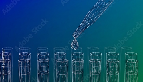 A scientific illustration depicts a pipet dropping a liquid into multiple test tubes, showcasing a 3d wireframe design.