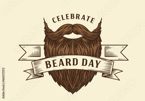 A stylish vintage illustration for Celebrate Beard Day, showcasing a classic beard and mustache wrapped in a ribbon. Retro graphic for barbers or grooming.
