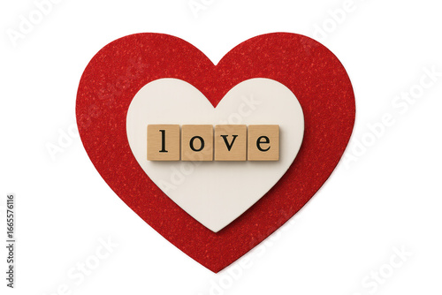 Illustration of red glitter heart with the word love spelled out on wooden blocks, isolated on transparent background
