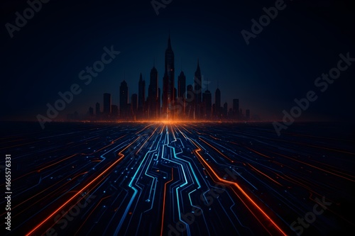 Abstract futuristic glowing circuit board with neon blue and orange light trails, featuring a subtle silhouette of modern skyscrapers in the background, blending technology and cityscape in a cyberpun