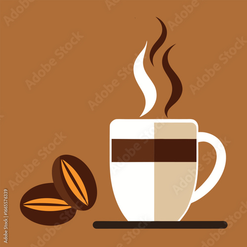 Flat vector illustration of coffee beans and a hot steaming coffee cup