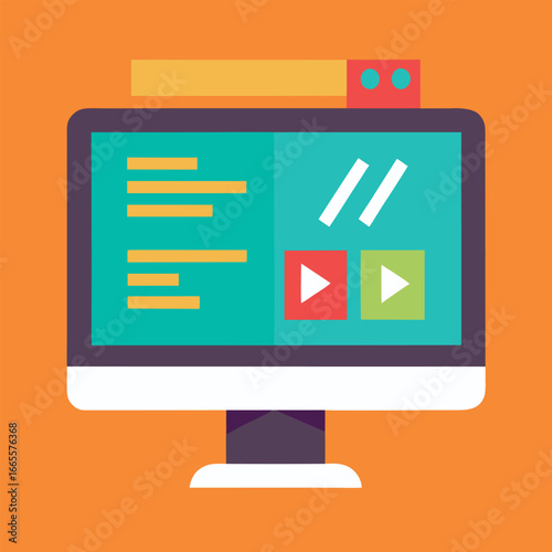 Flat vector illustration of a computer screen displaying coding symbols and data