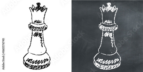 Chalk handdrawn queen chess vector for strategy games, power, and leadership concepts. Useful for illustrating a rustic look for a puzzle or game design.