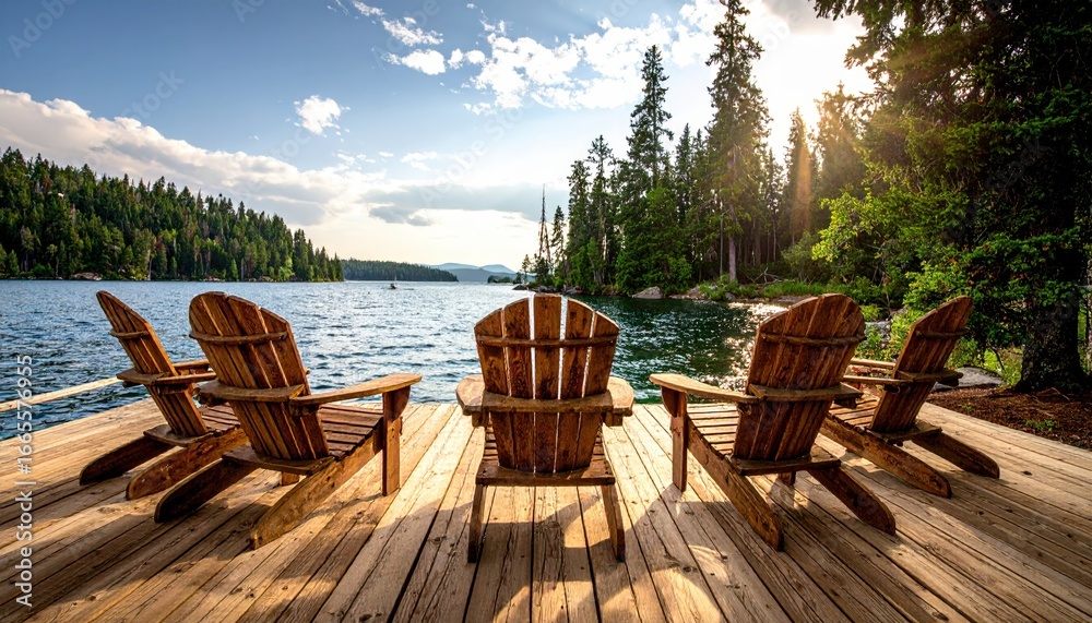 Three wooden Adirondack chairs on a dock facing a tranquil lake with pine trees and mountains Three wooden Adirondack chairs on a dock facing a tranquil lake with pine trees and mountains