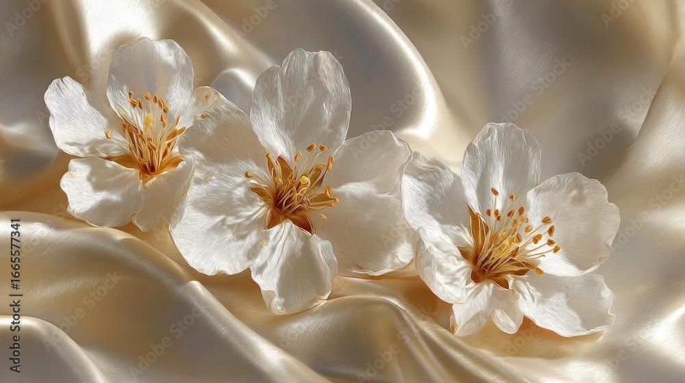 Fototapeta premium Delicate white flowers on a luxurious satin backdrop.