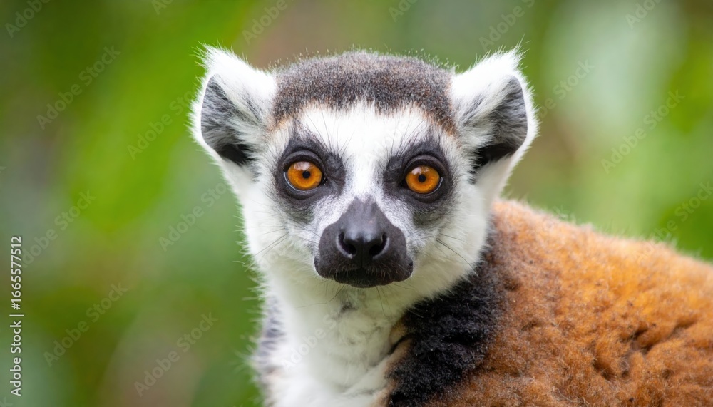 Naklejka premium Close-up of a ring-tailed lemur's face with captivating orange eyes and blurred green background