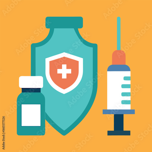 Syringe and vaccine bottle medical illustration with colorful liquid