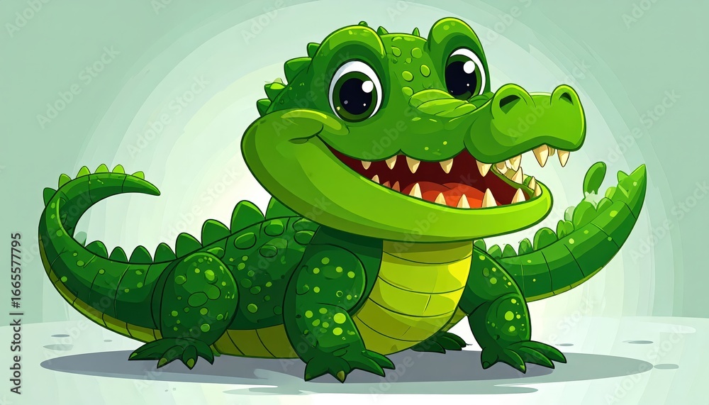Naklejka premium A cheerful, cartoon crocodile with large eyes, sharp teeth, and a friendly smile against a green background