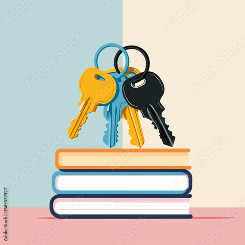 Keys lying on stack of books with colorful background  