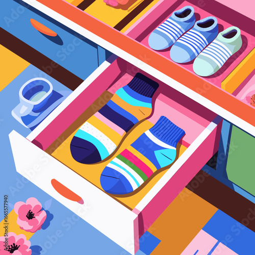 Colorful socks and shoes in drawer with cheerful design elements  