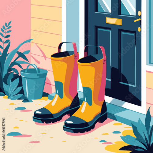 Colorful rubber boots standing at the front door with plants nearby  
