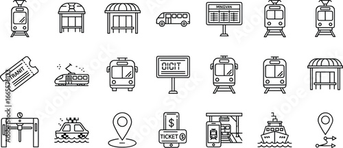 Black and white line icons of public transportation and travel including vehicles, stations, tickets, location markers, and urban mobility symbols