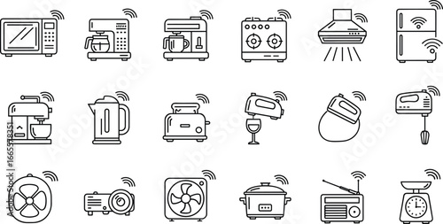 Black and white line icons of smart home appliances with Wi‑Fi connectivity including kitchen devices, cleaning tools, and household electronics