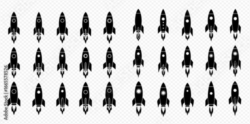 Multiple black rocket icons launching upwards on a transparent background, symbolizing startup, progress, or innovation.