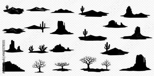 Black silhouettes of diverse desert landscapes, featuring mountains, unique rock formations, various cacti, and barren trees.