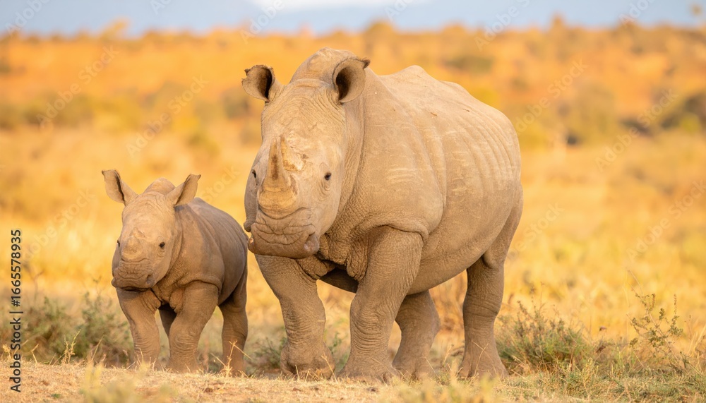 Fototapeta premium An adult rhino and its calf stand together in golden, dry grassland, facing forward