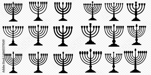 A diverse collection of black Hanukkah menorah silhouettes, showcasing various traditional and modern designs for the Jewish festival.