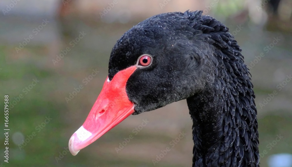 Fototapeta premium Close-up of a black swan's head with vibrant red beak and dark plumage