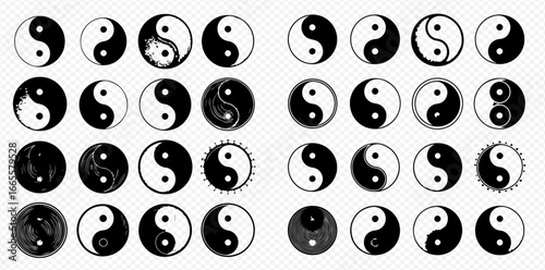 A collection of various Yin and Yang symbols, showcasing different styles and interpretations of the classic black and white balance concept.