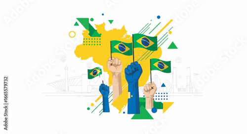People celebrate brazil independence day with flags and raised fists against a map of brazil in patriotic colors showing national pride.