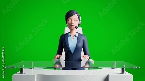 Animated customer service representative calmly sits at a desk, wearing a headset, against a green screen.