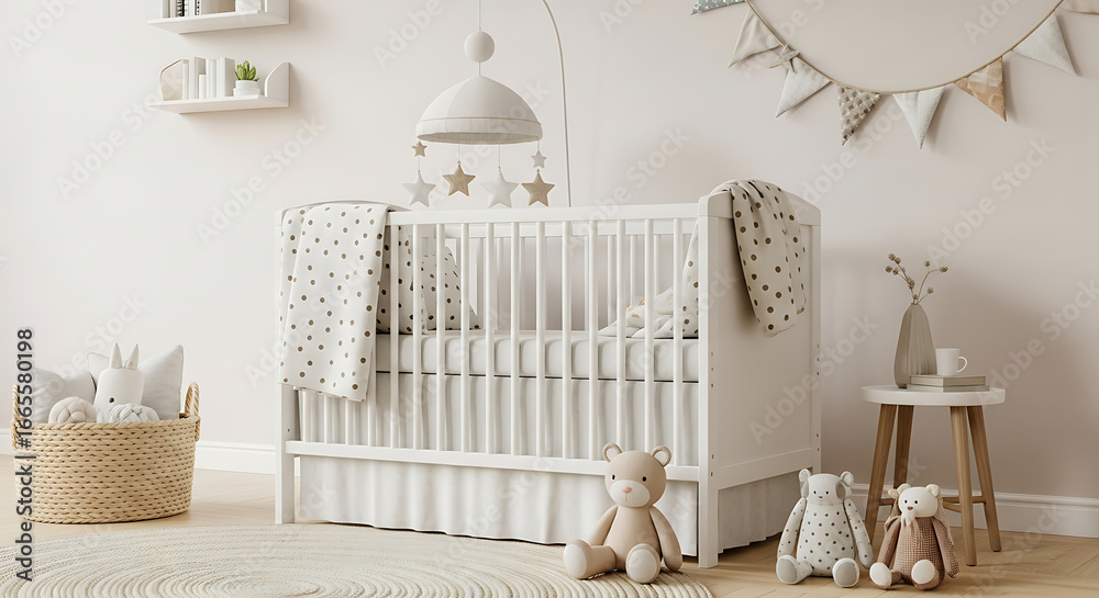 Obraz premium A bright nursery with a white crib, stuffed animals, and decorative elements in a minimalist style