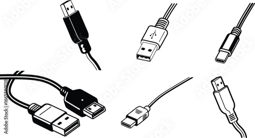 Assortment of USB Cables with Various Connectors in Black and White Line art.