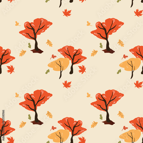 Seamless Autumn pattern with Cartoon Trees, colorful leaves, and whimsical forest elements. vibrant fall colors, flat vector design
