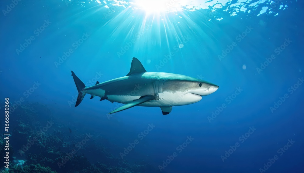 Fototapeta premium A shark swims gracefully in sunlit blue ocean waters above a coral reef