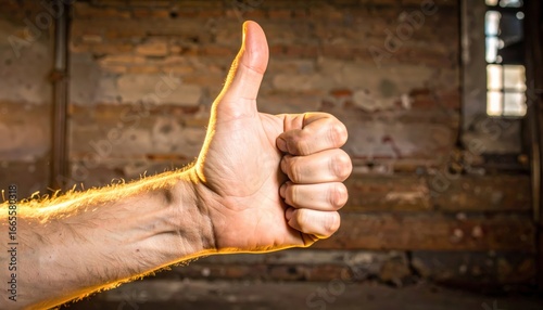A hand giving a thumbs-up gesture against a blurred brick wall background