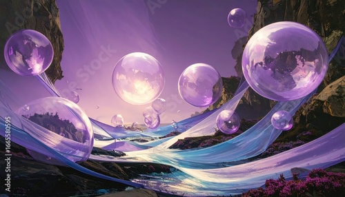 Purple-hued fantasy landscape with floating iridescent bubbles, flowing fabric, and rocky terrain