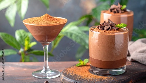Rich chocolate mousse desserts, one in a martini glass, two in tumblers, garnished with cocoa and mint
