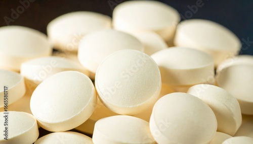 Close-up of a pile of numerous smooth, round, off-white pills on a dark surface