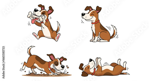 A collection of cartoon illustrations featuring a happy and playful pet dog in various poses such as chewing a bone, digging, sitting, and rolling over