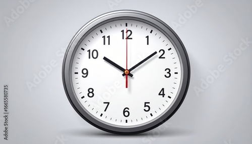 A realistic wall clock with a gray metal frame, white face, and black hands indicating 253